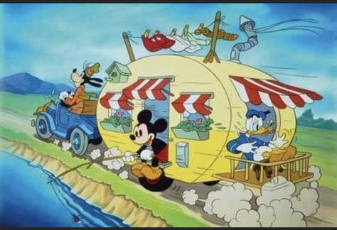 Camper Art, Mickey Mouse Cartoon, Pinturas Disney, Camping Art, Camping With Kids, Vintage Camper, Mickey And Friends, Happy Campers, Vintage Disney