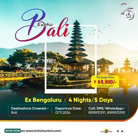 Escape to Bali and seas the day!!

Package Inclusions:
- Flight Tickets
- 4 Star Accommodation
- Scrumptious Meals
- Transfers & Sightseeing
- Tour Escort
- Overseas Travel Insurance
- All Applicable Taxes 

Book this euphoric trip with IRCTC Tourism in just ₹69,900/- onwards pp*. For more information, visit https://www.irctctourism.com/pacakage_description?packageCode=SBO15

(packageCode=SBO15)

#IRCTCForYou #ThinkTravelThinkIRCTC #IRCTCAt25 #Bali #VisitBali #TourPackage #IRCTCPackage Bali Tour Packages, Tourism In India, Bali Tour, Seas The Day, Overseas Travel, Flight Tickets, Flight Ticket, Travel Tours, Incredible India