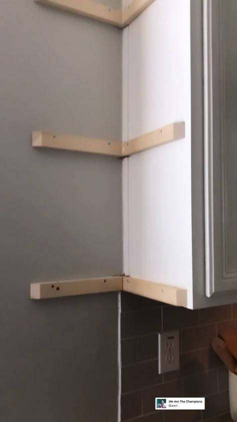 How To Build A Shelf In A Cabinet, How To Corner Shelves, Kitchen End Cabinet Display, Corner Kitchen Self, Corner Nook Shelves, Wall Mounted Corner Cabinet, Diy Shelves Over Kitchen Sink, Diy Storage For Small Kitchen, Corner Shelves In Bathroom Ideas