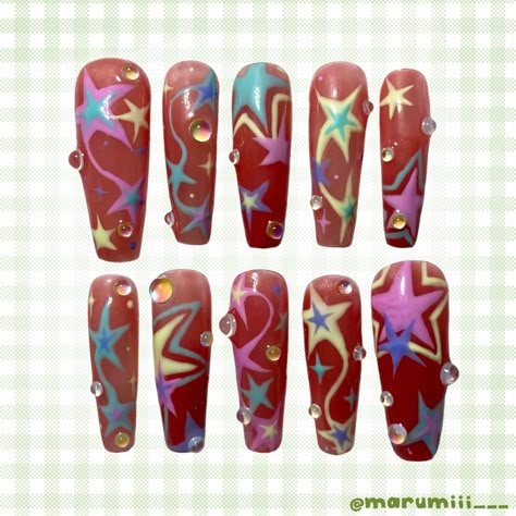 Nails gel Green Star Nails, Star Nails Y2k, Starburst Nails, Harajuku Nails, Really Cute Nails, Press Ons, Star Nails, Dream Nails, Fire Nails