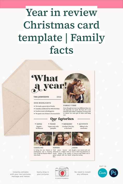 Year in review Christmas card template | Family facts Year In Review Christmas Card, Photo Arch, Memory Activities, Photography Marketing Templates, Lovely Photo, Fact Families, Year In Review, Christmas Card Template, Photography Marketing