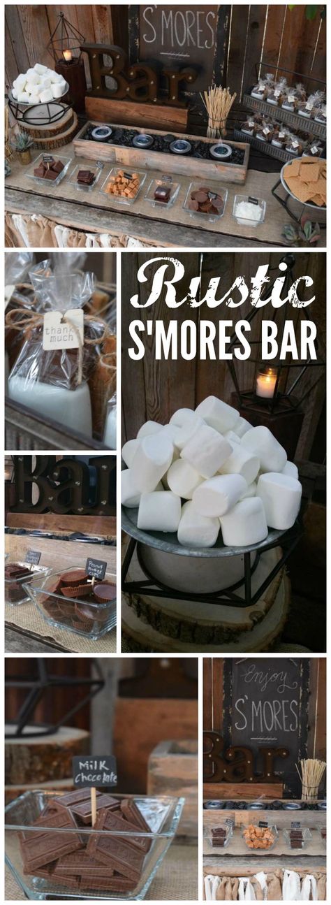 This rustic s'mores bar station was at a backyard wedding! See more party ideas at CatchMyParty.com! Smores Bar, Rustic Wedding Decorations, Bar Station, Rustic Party, S'mores Bar, Ideas Backyard, S'mores, Picnic Party, Backyard Party