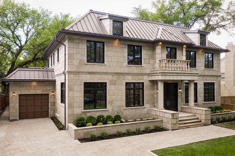 Villa Facade Design, French Chateau Homes, Indiana Limestone, Limestone House, Second Floor Balcony, Brutalism Architecture, Two Storey House, Stone Architecture, Modern Mansion