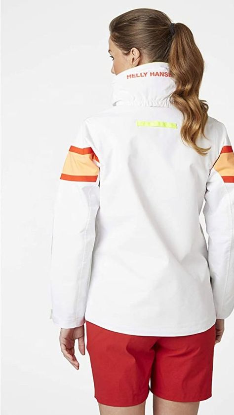 A woman wears the Helly Hansen Salt Flag jacket as seen from the back, in colour white. Helly Hansen Jacket, Sailing Jacket, Jackets Women, Active Jacket, Helly Hansen, Lightweight Jacket, Amazing Women, Sailing, Rain Jacket