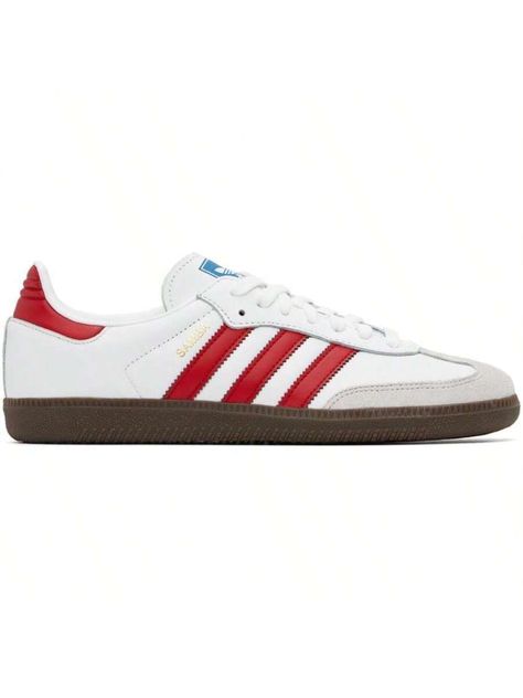 adidas Originals  White & Red Samba OG Sneakers  Low-top buffed leather sneakers in white and red.  . Suede trim at toe  . Lace-up closure  . Logo printed at tongue  . Padded collar  . Signature serrated stripes at sides  . Logo printed at outer side  . Faux-leather and jersey lining  . Treaded rubber sole  Supplier color: Cloud white/Better scarlet  Upper: leather, synthetic. Sole: rubber.  Made in India.  242751M237024  Originals White & Red Samba OG Sneakers Default         Sports & Outdoor S Red Samba, Casual Athletic Shoes, Color Cloud, Adidas Athletic Shoes, Casual Athletic, Cloud White, Red Suede, Outdoor Shoes, White And Red