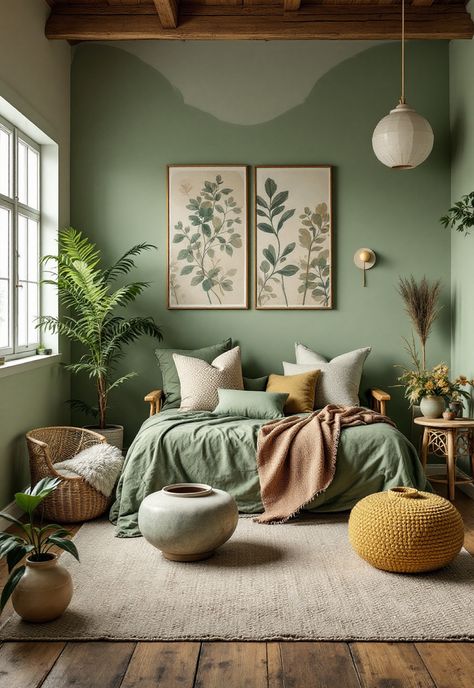 Sage Green Farmhouse Bedroom Emerald And Sage Bedroom, Bedrooms Painted Green, Sage Bedroom Ideas Colour Palettes, Rustic Green Bedroom Ideas, Green Accent Room, Sage Green Interiors, Sage Walls Bedroom, Sage Bedroom Walls, Sage Accent Wall