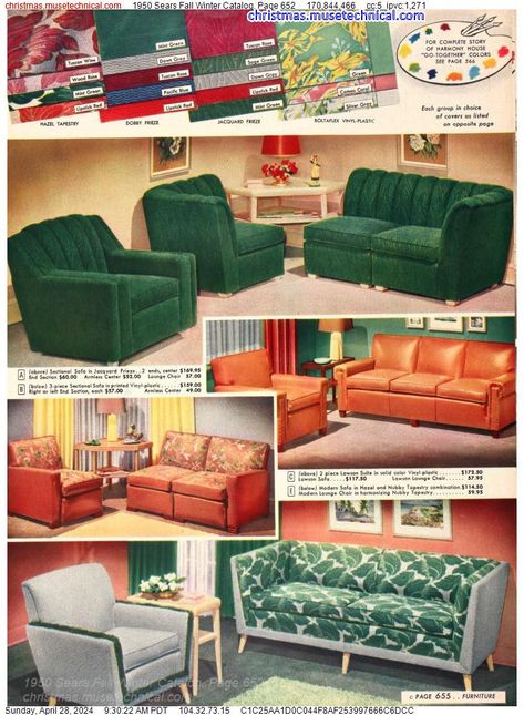 1950 Sears Fall Winter Catalog, Page 652 - Catalogs & Wishbooks Retro Furniture 1950s, 1950s Interior Design, Sofa Mid Century Modern, Couch Vintage, Sofa Mid Century, 60s Interior, Product Marketing, Mcm Furniture, Furniture Ads