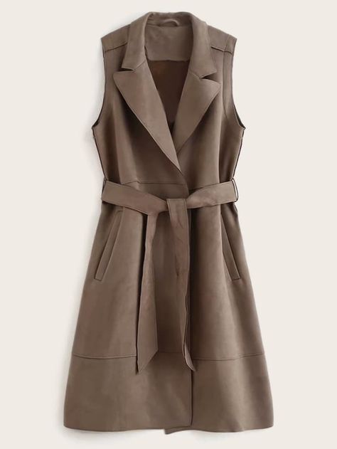 Suede Lapel Neck Belted Sleeveless Trench Coat | SHEIN Sleeveless Trench Coat, Trench Vest, Sleeveless Trench, Clothes Sewing, Suede Fashion, Belted Trench Coat, Stylish Clothes, Belted Coat, Stylish Clothes For Women