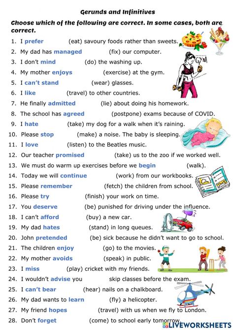 Gerund or Infinitive interactive worksheet for intermediate. You can do the exercises online or download the worksheet as pdf. Gerunds And Infinitives Rules, Gerunds And Infinitives, Mind Gym, Esl Grammar, English Grammar For Kids, English Grammar Rules, Social Service, Learn English Speaking, Grammar For Kids