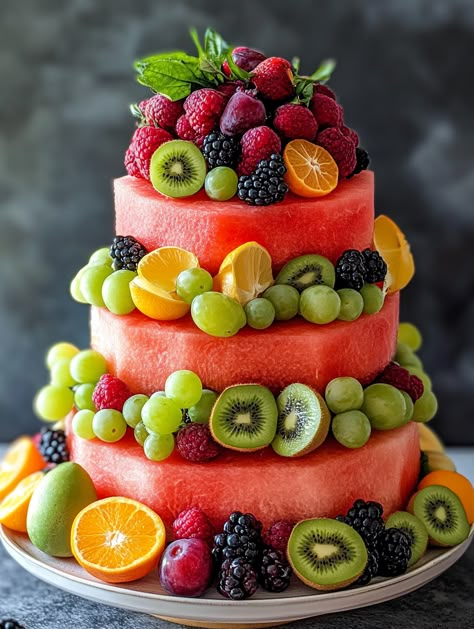 Fresh Fruit Three-Tiered Cake 🍉🍓🍇  ⬇️⬇️⬇️ 𝗜𝗻𝗴𝗿𝗲𝗱𝗶𝗲𝗻𝘁𝘀: 1 large watermelon 🍉 2 oranges, sliced 🍊 2 lemons, sliced 🍋 2 limes, sliced 🍈 3 kiwis, sliced 🥝 1 cup green grapes 🍇 1 cup red grapes 🍇 1 cup strawberries, halved 🍓 1 cup blackberries 🍇 1 cup blueberries 🫐 1 cup raspberries 🍇 1 cup cherries 🍒 1 cup melon balls (cantaloupe, honeydew) 🍈 Toothpicks or small wooden skewers Decorative platter or base Asian Fruit Platter, Watermelon Fruit Cake, Fruit Platter Ideas Party, German Chocolate Cheesecake, Melon Balls, Fruit Wedding Cake, Fruit Cake Design, Melon Cake, Wooden Skewers