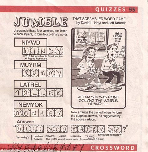 How a man surprised his word sleuth girlfriend with custom-made puzzle spelling out a marriage proposal in local newspaper. Newspaper Games, Jumble Word Puzzle, Free Printable Crossword Puzzles, Jumbled Words, Ballerina Workout, Printable Crossword Puzzles, Back To School Worksheets, Quiz Games, Scramble Words