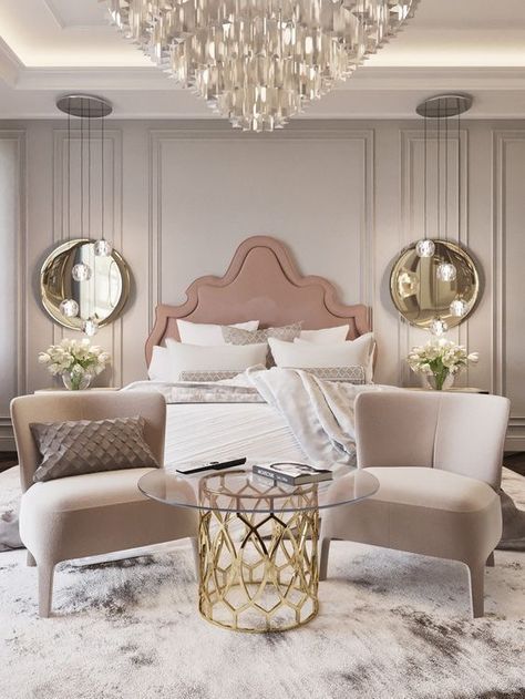 This pin shows symmetrical balance because of the same chairs on each side, the matching mirrors, the symmetrical head board, and the symmetrical pillow design on the bed. Interior Design Per La Casa, Luxury Bedroom Design, Luxury Bedroom Master, Classic Bedroom, Vintage Bedroom, Elegant Bedroom, Apartment Interior Design, Apartment Living Room, Apartment Interior