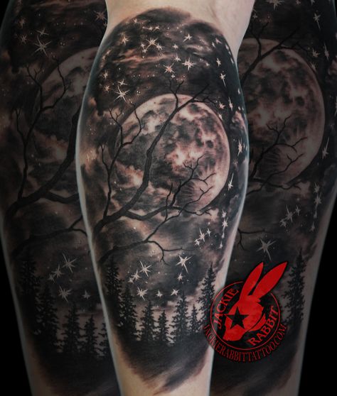 Full Moon Night Starts Astrology Sky Trees Silhouette Realistic Real Best Nature Landscape Tattoo by Jackie Rabbit Moon Sky Tattoo, Moon Night Tattoo, Moon Landscape Tattoo, Moon And Stars Tattoo Men, Black And Grey Moon Tattoo, Night Sky Tattoo Black And White, Moon And Sky Tattoo, Start Night Tattoo, Midnight Sky Tattoo