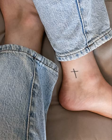 Cross Tattoo On Ankle, Ankle Tattoo Cross, Back Of Ankle Tattoo, He Walks With Me, Tattoo On Ankle, Cute Ankle Tattoos, Small Cross Tattoos, Grace Tattoos, Tiny Wrist Tattoos