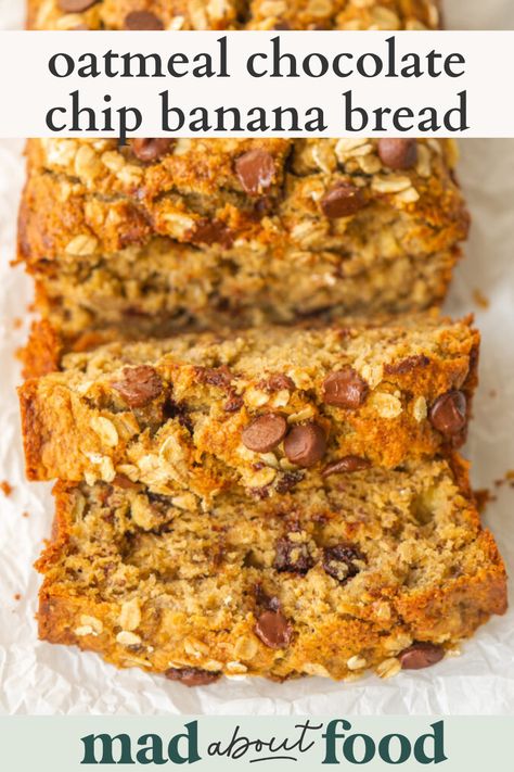 This Oatmeal Chocolate Chip Banana Bread is the perfect comforting and hearty banana bread recipe. Make this gluten free loaf with oat flour, bananas and, of course, chocolate chips. Banana Bread Recipe Chocolate Chip Healthy, Banana Bread Made With Oats, Healthy Chocolate Chip Banana Bread, Oat Banana Bread, Gluten Free Loaf, Oat Flour Banana Bread, Banana Oat Bread, Oatmeal Banana Bread, Baking Healthy