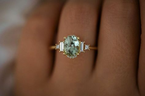 Tourmaline Engagement Ring, Green Tourmaline Ring, Cute Engagement Rings, Future Engagement Rings, Ringe Gold, Step Cut, Baguette Diamonds, Tourmaline Stone, Green Gems