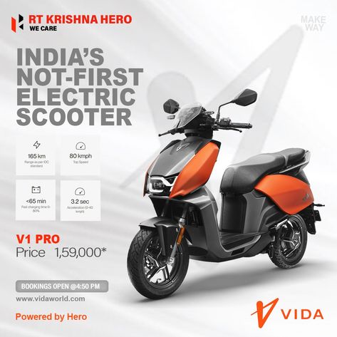 Vida V1 electric scooter launched! Bookings Start Today at evening @4:50 PM. 👉 Top speed 80kmph 👉 Fast charging : 1.2km/min 👉 Range : 165km (Pro) / 143km (Plus) 👉 0-40kmph Acceleration : 3.2s (Pro) / 3.4s (Plus) 👉 7" Touch screen 👉 Cruise control 👉 Two way throttle 👉 Keyless control 👉 SOS Alert The Plus is priced at Rs 1.45 lakh, and the Pro at Rs 1.59 lakh (ex-showroom). @heromotocorp @vidadotworld #LaunchAlert #VidaV1 #hero #vida #herovida #electric #escooter #scooter #EV #instad Folder Graphic Design, Electric Scooter Design, Motorcycle Artwork, Electric Bike Battery, Scooter Design, Bike Poster, South Indian Food, Poster Ads, Creative Poster Design