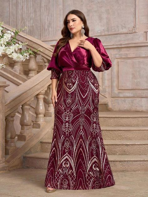 SHEIN Belle Plus Size Burgundy Luxury Beaded Splicing Stretch Sateen Court Sleeve Elegant Mermaid Formal Dresses Heavy Evening Gowns | SHEIN USA Formal Attire Women, Burgundy Evening Gown, Elegant Mermaid Dress, Burgundy Party, Knee Length Dresses Casual, Ao Nang, Short Women, Evening Dresses Plus Size, Theme Color