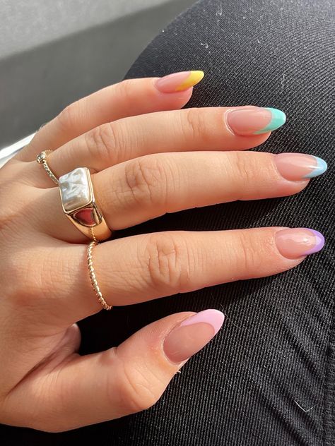 acrylic pastel rainbow french tip nails 🤍 Pastel Coloured Tips Nails, Pastel Coloured French Tips, Multicolour French Tips, Pastel Rainbow French Tip Nails Almond, Multi Colored French Tip Nails, Barcelona Nails, Multi Colored Pastel French Tip Nails, Multicolour Nails, Rain Bow French Tip Nails