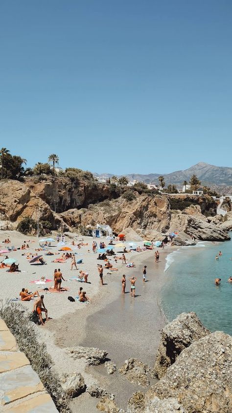 Spain Beaches, South Spain, Prettiest Beach, Nerja Spain, Marbella Beach, Spain Beach, Spain Aesthetic, Spanish Towns, Marbella Spain