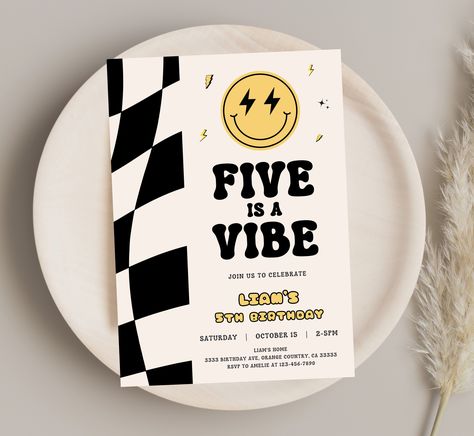 Five Is A Vibe, 5th Birthday Invitation, 5th Birthday Boys, Birthday 4, 5th Birthday Party Ideas, Print Center, Birthday Themes For Boys, Kids Birthday Party Invitations, 4th Birthday Parties