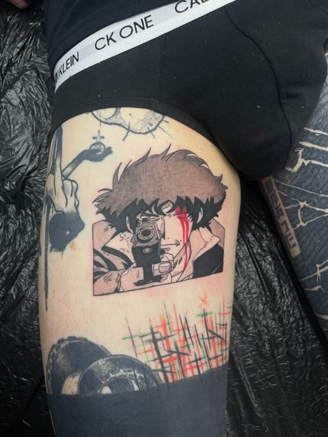 Space Cowboy Tattoo, Euphoric Art, Anime Sleeve, Cowboy Bebop Tattoo, Tatu Baby, Cowboy Tattoos, Ghibli Tattoo, Anime Tattoo, Space Cowboy