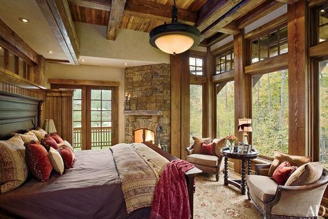 A strong connection to the outdoors is felt in the master bedroom of this home outside Toronto by Locati Architects and Locati Interiors | archdigest.com Rustic Bedroom Design, Traditional Bedroom, Rustic Bedroom, Style At Home, Home Design Decor, Beautiful Bedrooms, Bedroom Styles, Design Case, Log Homes