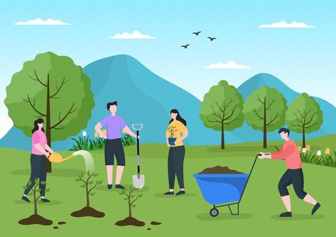 People Planting Trees Flat Cartoon Vector Illustration With Gardening, Farming and Agriculture Use Tree Roots or a Shovel For Caring Environment Concept Plant A Tree Illustration, Planting Trees Poster, Healthy Community Drawing, People Planting Trees Drawing, Planting Trees Illustration, Planting Trees Drawing, Agriculture Cartoon, People Planting Trees, Farming Art