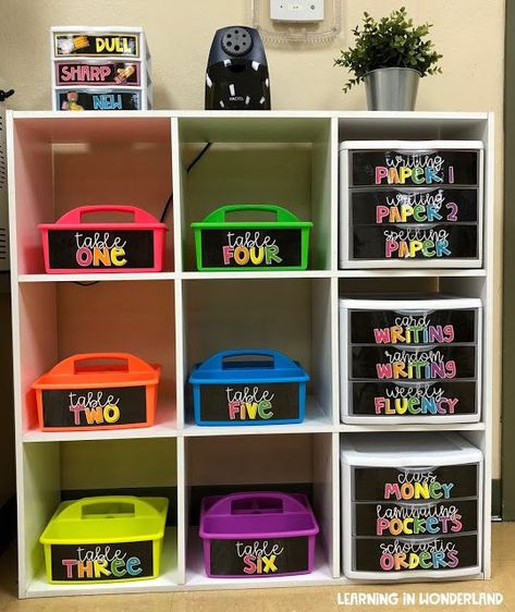 Label Tables In Classroom, Class Table Supplies, Supplies Organization Classroom, Cubby Ideas For Classroom, Classroom Table Group Supplies, Kindergarten Classroom Tables, Storage For Tables In Classroom, Table Labels Classroom, Classroom Tables Organization