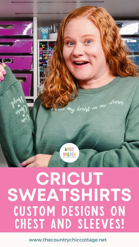 Today I'm going to teach you how to make Cricut sweatshirts with HTV designs on the chest and wrist. Keep reading to learn how! Cricut Sweatshirt Ideas, Htv Designs, Iron On Cricut, Cricut Htv, Country Chic Cottage, Maker Project, Spring Craft, Weeding Tools, Diy Sweatshirt