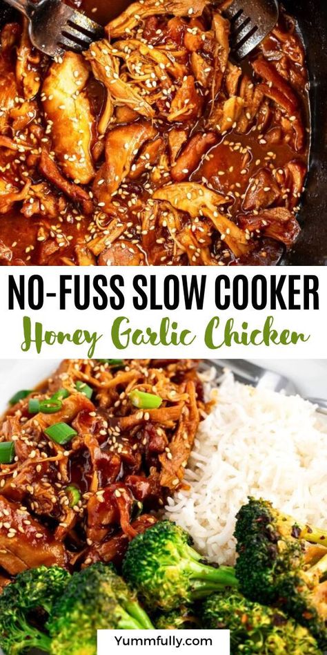 Easy-prep and delicious are two words that describe this dish perfectly. There is nothing easier than throwing all the ingredients in the slow cooker and turning it on. The sauce is so good, you’ll want to spoon it over a side of rice. Sesame seed oil and sriracha add depth of flavor to this amazing sauce. Slow Cooker Honey Garlic Chicken, Crockpot Chicken Thighs, Garlic Honey, Honey Sauce, Honey Garlic Chicken, Crockpot Recipes Slow Cooker, Dinner Recipes Crockpot, Chicken Dishes Recipes, Honey Garlic