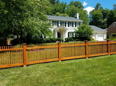 Stained wood Poolesville Picket Fence Stained Picket Fence, Cheap Fence Ideas, Stockade Fence, Pool Fences, Wood Picket Fence, Diy Backyard Fence, Cedar Fence Pickets, Grassy Hill, Picket Fence Panels