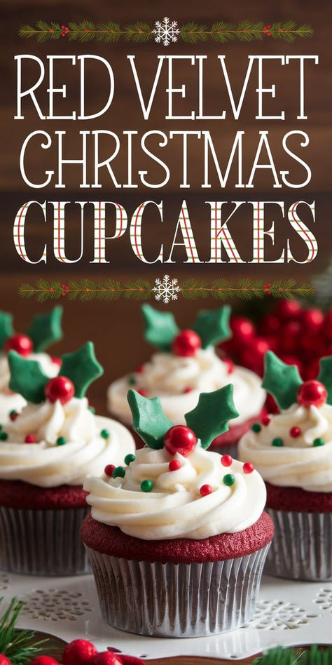 Add a pop of color to your holiday baking with these gorgeous Red Velvet Christmas Cupcakes! Soft, fluffy, and topped with creamy frosting, they’re a festive treat that’s sure to impress family and friends this season. Red Velvet Cupcakes For Christmas, Red Velvet Cupcake Decoration, Red Christmas Desserts, Red Velvet Cupcakes Christmas, Christmas Red Velvet Cupcakes, New Year Cupcakes Ideas, Nye Cupcakes, New Year Cupcakes, New Year Cupcake