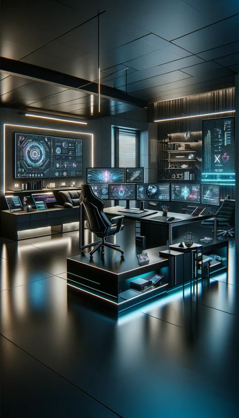 Futuristic Desk Setup, Tech Home Office, Minimalist Office Decor, Dark Modern House, Digital Whiteboard, Dream Home Office, Industrial Style Office, Productive Home Office, Inspiring Office