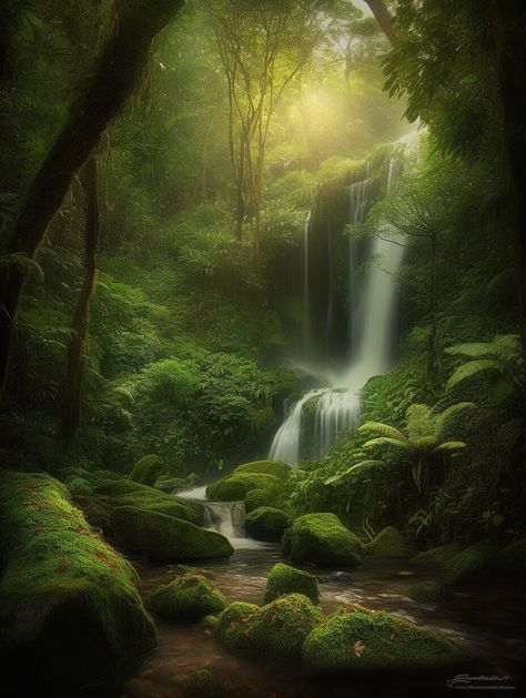 Emerald Serenity": Capture the serene and tranquil beauty of a rainforest scene Enchanted Lake, Art For Walls, Landscape Ocean, Nature Film, Waterfall Wallpaper, Walls Art, Image Nature, Art Nouveau Art, Nouveau Art