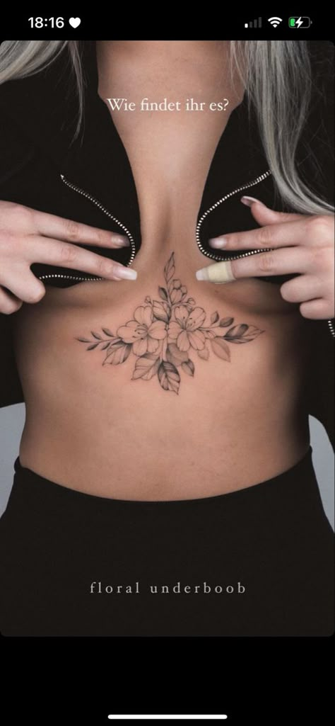 In Between Chest Tattoo Female Flower, Fine Line Chest Tattoos For Women, Septum Tattoos For Women, Women’s Underboob Tattoo, Sternum Flower Tattoo Women, Womans Stomach Tattoos, Tattoo Ideas In Between Breast, Underbreast Tattoo Floral, Sternum Tatoos Woman