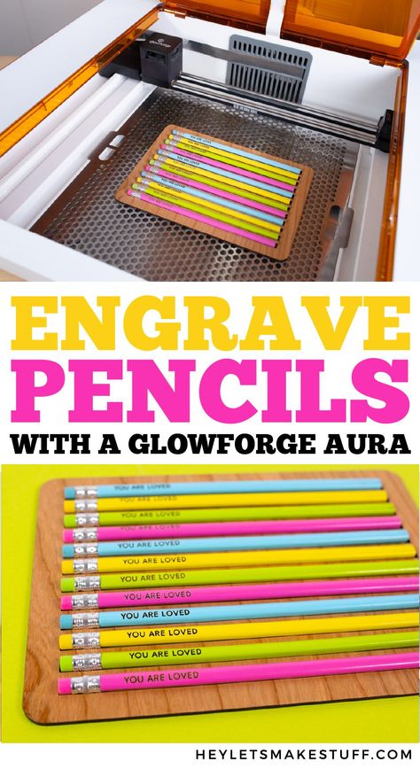 Back to school is here! Here's how to engrave pencils with Glowforge Aura tutorial and my free pencil jig SVG. I'll show you how to line up your engraving so your pencils turn out perfectly! Glowforge School Projects, Glowforge Classroom Projects, Best Selling Glowforge Projects, Glowforge Aura Settings, Laser Engraving Ideas Projects Metal, Glowforge Aura Project Ideas, Glowforge Spark Projects, Laser Engraver Projects Ideas, Glowforge Storage