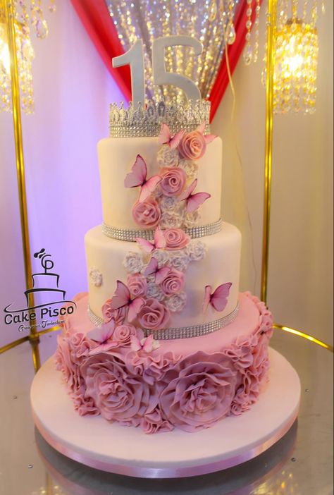 Quinceanera Cakes Butterflies, Pink Cake Quince, Sweet 16 Pink Butterfly Theme, Quinceanera Cake With Butterflies, Quince Butterfly Theme, Cakes Quinceanera, Cake For Party, Sweet 15 Cakes, Quince Cakes