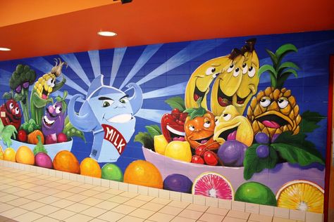 School Cafeteria Lunch Room School Cafeteria Decorations, Cafeteria Decor, School Lunchroom, School Mural Ideas, School Cafeteria Food, Cafeteria Design, School Cafe, School Wall Art, School Murals