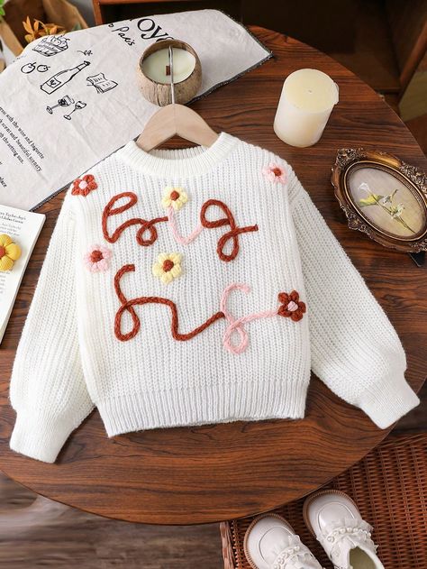 Young Girls Embroidered "Big Sis" Floral  Textured Lantern Sleeve Crew Neck Sweater Beige Casual  Long Sleeve Knitwear Animal,Cartoon,Colorblock,Floral,Letter Pullovers Slight Stretch  Young Girls Clothing, size features are:Bust: ,Length: ,Sleeve Length: Embroidery Sweaters, Embroidery Sweater, Big Sis, Floral Letters, Animal Cartoon, Beige Sweater, Lantern Sleeve, Girls Sweaters, Lantern Sleeves