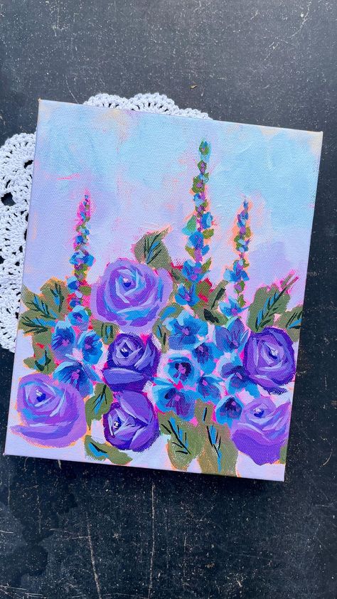 Acrylic Paint Painting, Painting Delphiniums, Long Canvas Painting Ideas, Floral Canvas Painting, Beginner Acrylic Painting, Art Horizontal, Horizontal Painting, Kenny Rogers, Dorm Art