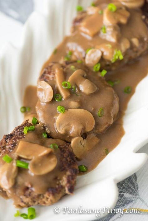 Pork Burger Steak with Mushroom Gravy Burger Steak With Mushroom Gravy, Burger Steak Recipe, Jollibee Burger, Steak With Mushroom Gravy, Burger Steak, Pinoy Recipe, Patty Recipe, Mushroom Gravy Recipe, Burger Patty