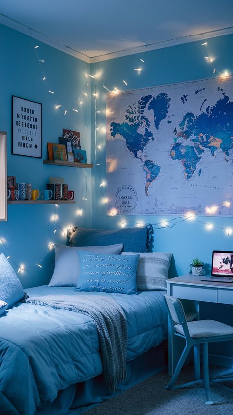 Freshen up your dorm room with light blue themes. From soothing wall colors to cozy textiles, learn how these light blue elements can transform your space into a relaxing haven. Cute Blue Room Ideas, Blue Wall Bedroom Aesthetic, Blue Wall Aesthetic, Cyan Room, Light Blue Girls Bedroom, Blue And White Room Aesthetic, Blue Room Themes, Light Blue Dorm Room, Light Blue Dorm Room Ideas