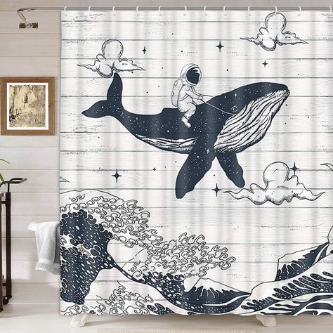 DYNH Funny Shower Curtain, Japanese Wave Shower Curtain Oriental Vintage Ocean Kanagawa Art, Astronaut Riding on Cute Whale Sea Waves Shower Curtain for Bathroom 12PCS Hooks, 69X70IN: Amazon.ca: Home & Kitchen Animal Shower Curtain, Cat Shower Curtain, Funny Shower Curtains, Curtains Fabric, Japanese Wave, Japanese Waves, Cat Flowers, Creative Personality, Shower Curtain Hooks