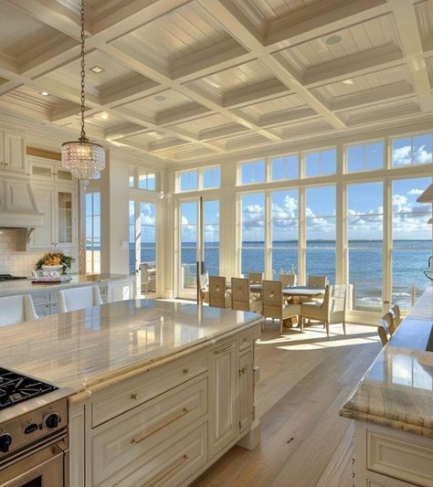 Kitchen With Ocean View, House By The Ocean, Beach Kitchen Ideas, Ocean Kitchen, Beach House Kitchen, Beach House Kitchens, Dream Life House, Dream Beach Houses, Casa Vintage