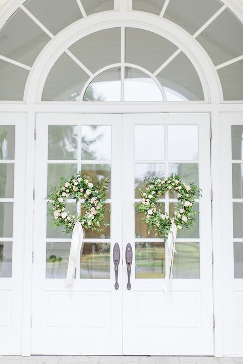 Wedding Chapel Door Wreaths, Wreath For Wedding Doors, Wedding Wreaths For Door Church, Southern Church Wedding, Wedding Wreaths For Door, Wedding Door Wreaths, White Pink Wedding, Alabama Birmingham, Pink White Wedding