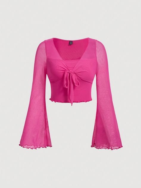 Tie Front Lettuce Trim Tee Hot Pink Casual  Long Sleeve Knitted Fabric Plain  Medium Stretch  Women Clothing, size features are:Bust: ,Length: ,Sleeve Length: Hot Pink Top, Hot Pink Tops, Teen Clothes, Top With Long Sleeves, Teenage Fashion Outfits, Kids Sleepwear, Pink Tops, Outfits For Teens, Colorful Leggings