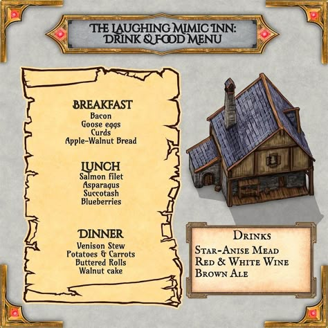 Free Tavern Menu for your D&D game! Tavern Food Ideas, Dnd Tavern Ideas, Dnd Tavern Meals, Dnd Tavern Food, Dnd Campaign Planning, Tavern Menu Dnd, Dnd Tavern, Tavern Food, Tavern Menu Design