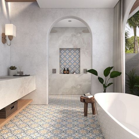 Cement Backsplash, Moroccan Tiles Bathroom, Tile Accent Wall Bathroom, Spanish Revival Bathroom, Modern Moroccan Interior Design, Moroccan Tile Bathroom, Shower Alcove, Moroccan Bathroom, Shower Insert