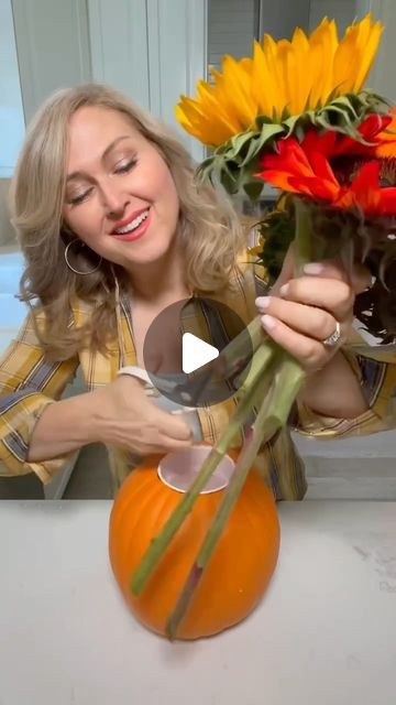 Jennifer Valentyne on Instagram: "There are 3 ways to say vase. How do you say it? Love this idea! Use a craft pumpkin instead of a vase and most places have them on sale now! I got mine at Michael’s. It also makes a nice gift! You can also use a real pumpkin but love that the foam ones last! Easy to carve and paint the colour you want. A perfect centre piece 🎃🍁 #pumpkinseason #diy" Jennifer Valentyne, Pumpkin Seasoning, Pumpkin Crafts, Centre Piece, A Craft, Centre Pieces, Greatest Hits, Love This, Best Gifts